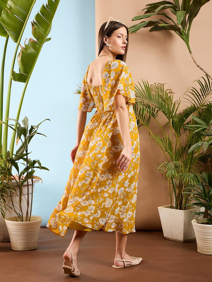 SASSAFRAS Floral Printed Flared Sleeve Front Tie Up Fit & Flare Midi Dress