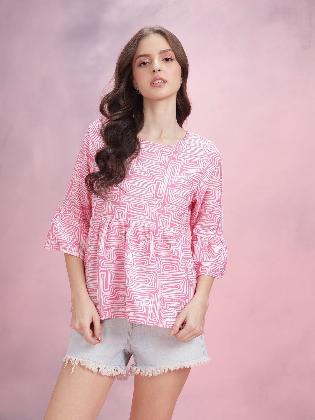 DressBerry Abstract Print Bell Sleeves Ruffled Peplum Top
