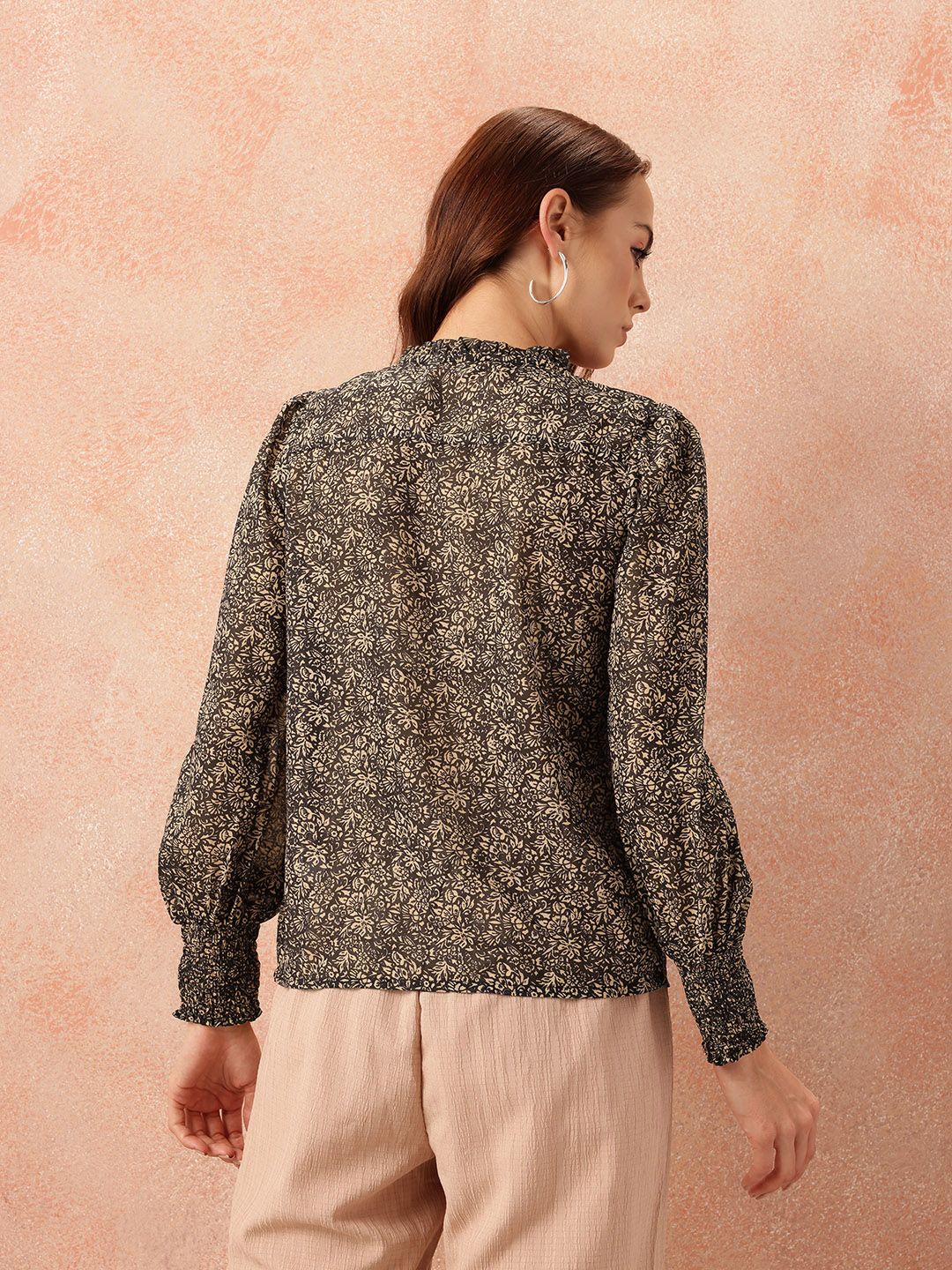 all about you Floral Print Ruffles Detail Georgette Semi-Sheer Button-Down Shirt-Style Top