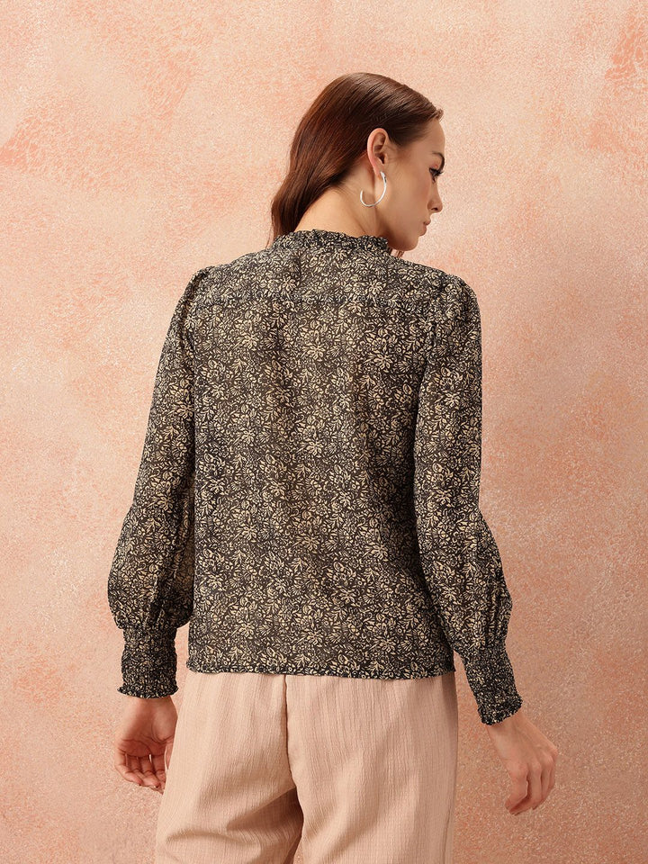 all about you Floral Print Ruffles Detail Georgette Semi-Sheer Button-Down Shirt-Style Top