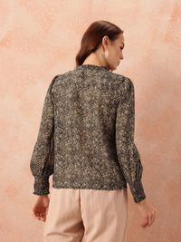 all about you Floral Print Ruffles Detail Georgette Semi-Sheer Button-Down Shirt-Style Top