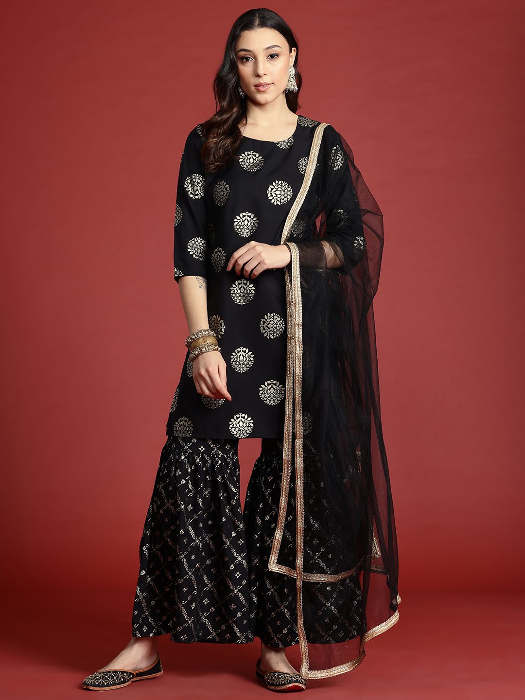 Anouk Tyohaar Foil Print Kurta with Sharara & Dupatta