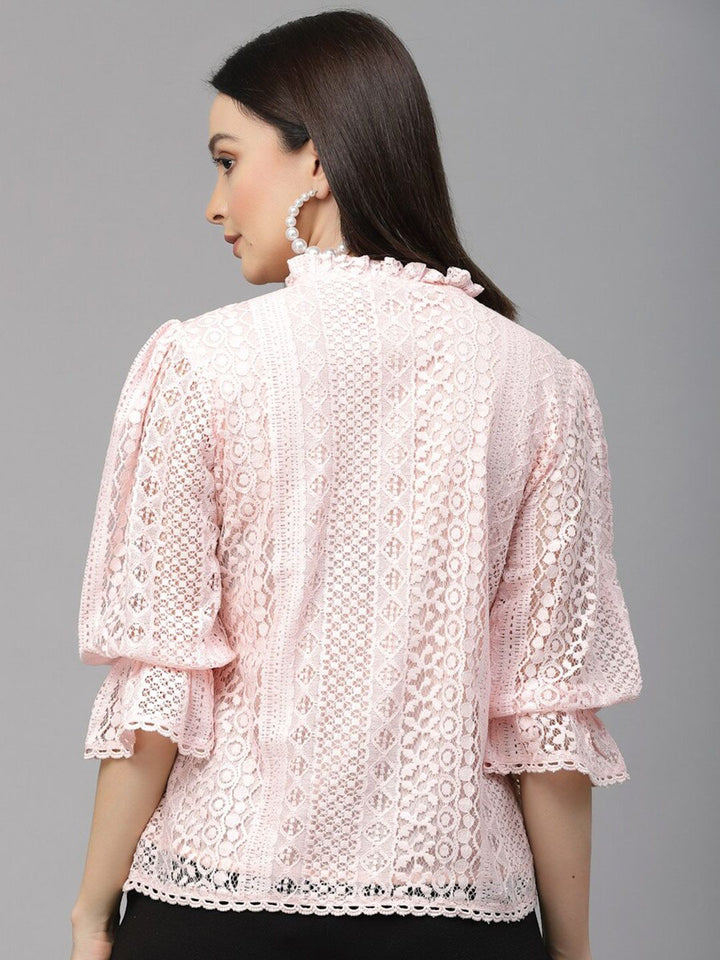 Style Quotient Self Design Tie-Up Neck Puff Sleeve Cotton Top