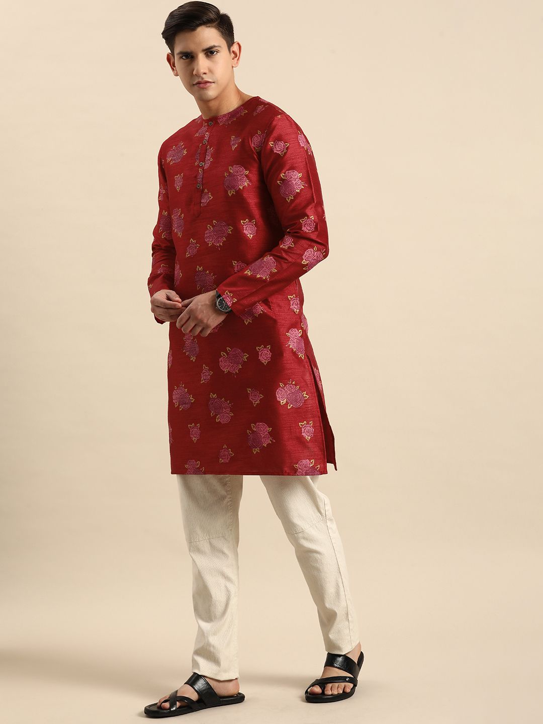 Anouk Men Floral Printed Round Neck Straight Kurta
