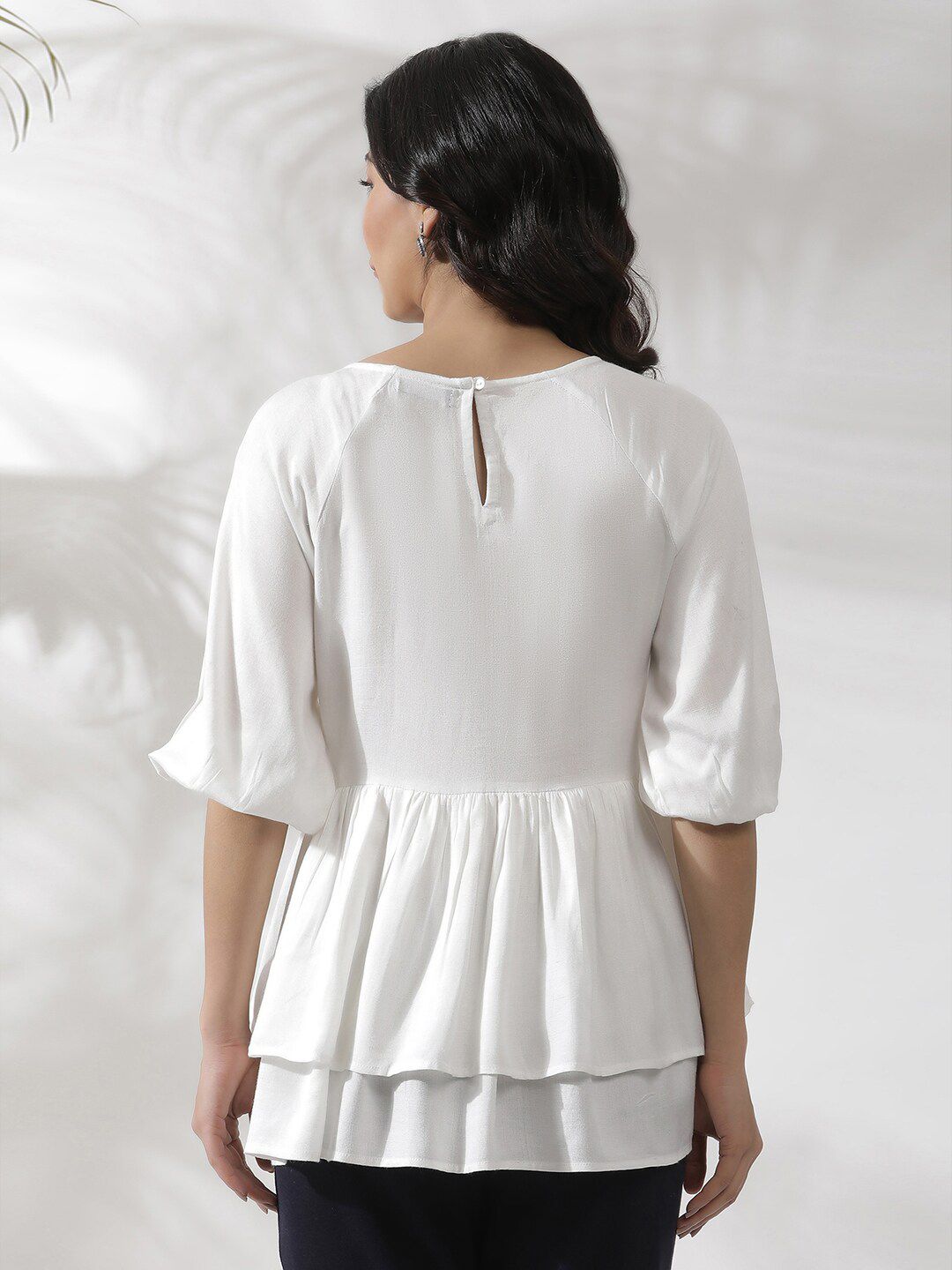 W Embroidered Puff Sleeves Gathered Layered A-Line Top