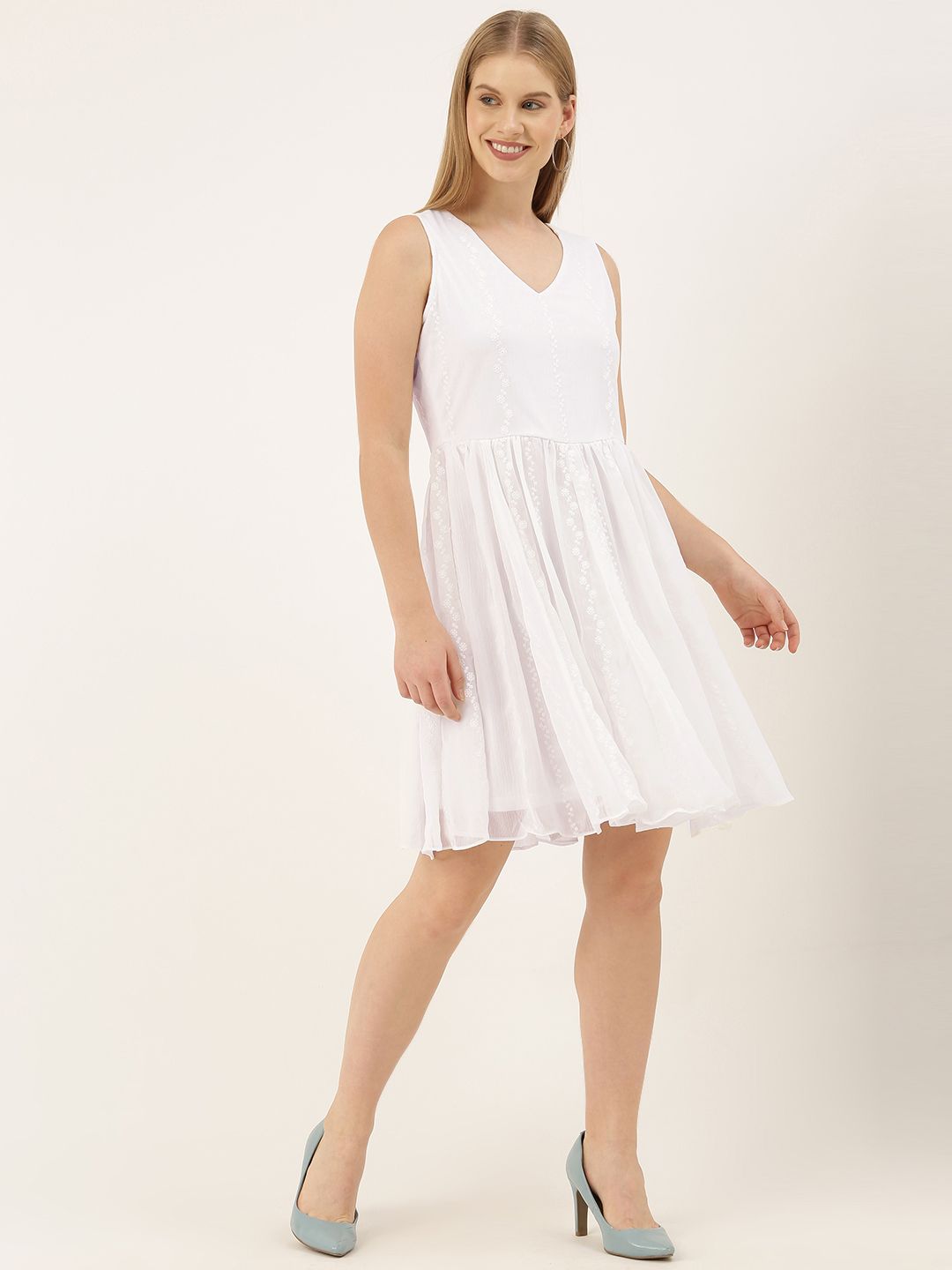 AND Women White Self Design Fit and Flare Dress