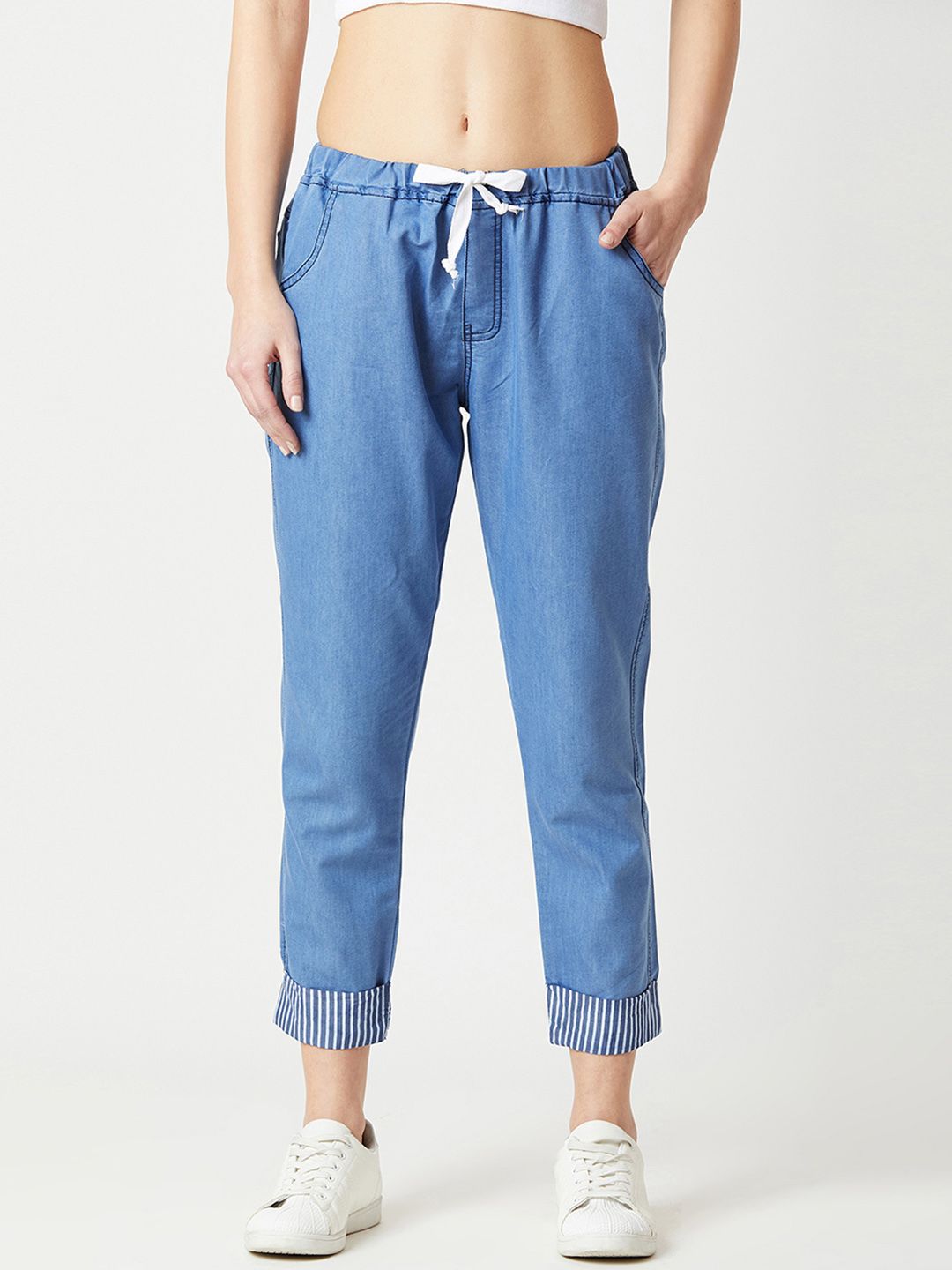 Miss Chase Women Lightweight Blue Regular Fit Striped Regular Trousers
