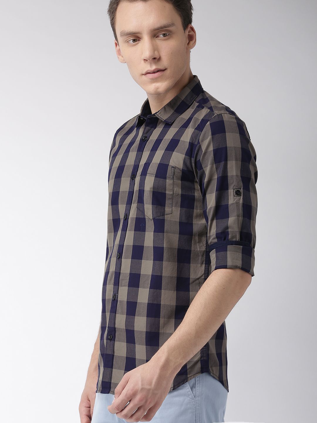 HIGHLANDER Men Navy Blue & Taupe Slim Fit Checked Casual Shirt