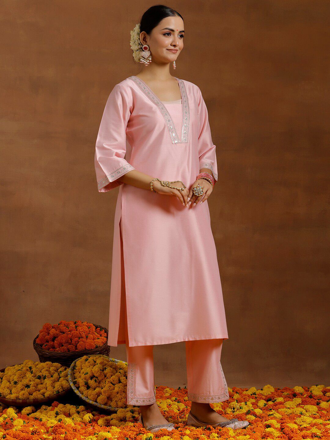 Libas Floral Yoke Design Sequinned Straight Kurta With Trousers & Dupatta