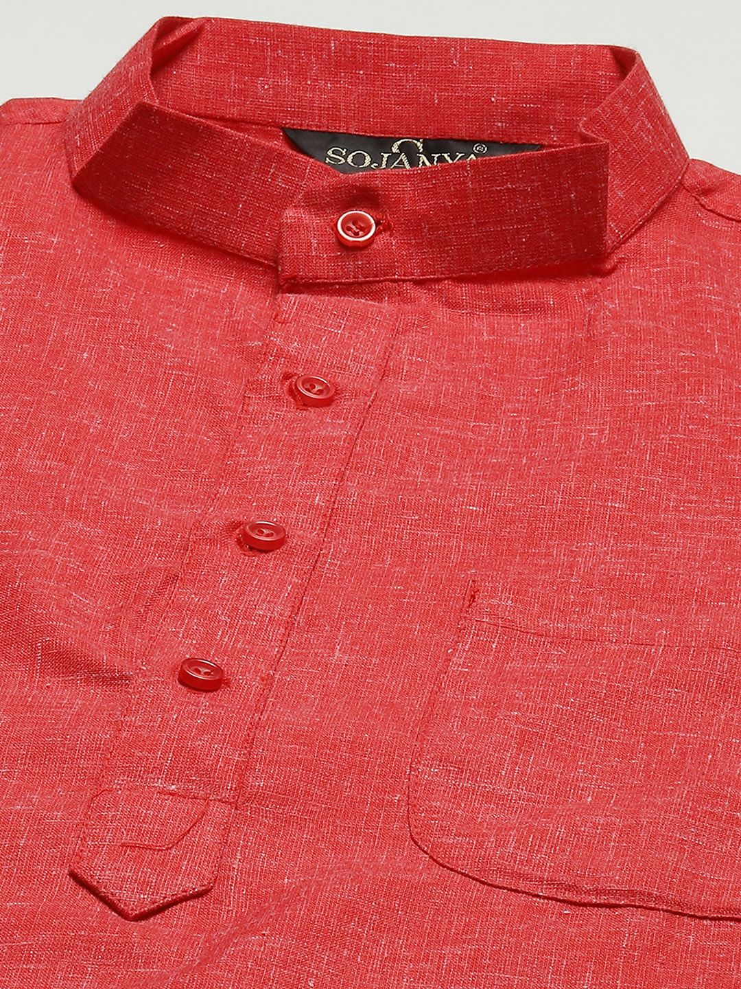 SOJANYA Men Red Solid Slub Effect Kurta