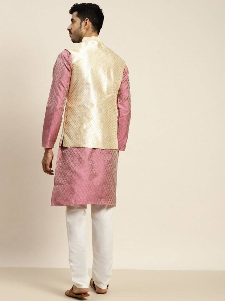SOJANYA Ethnic Motif Woven Design Mandarin Collar Kurta With Churidar & Nehru Jacket