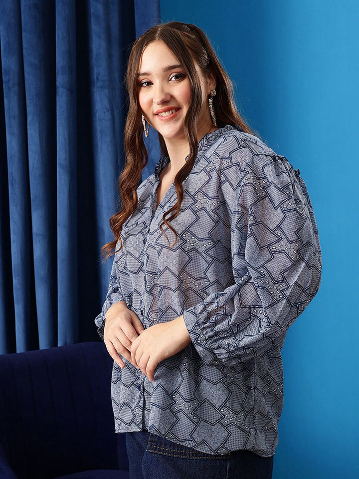 CURVY STREET Plus Size Lavender Geometric Printed Ruffles Shirt Style Top