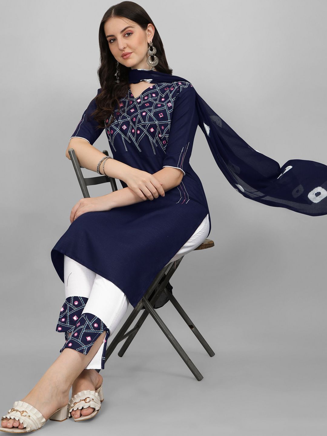 KALINI Women Embroidered Mirror Work Kurta with Trousers and Dupatta