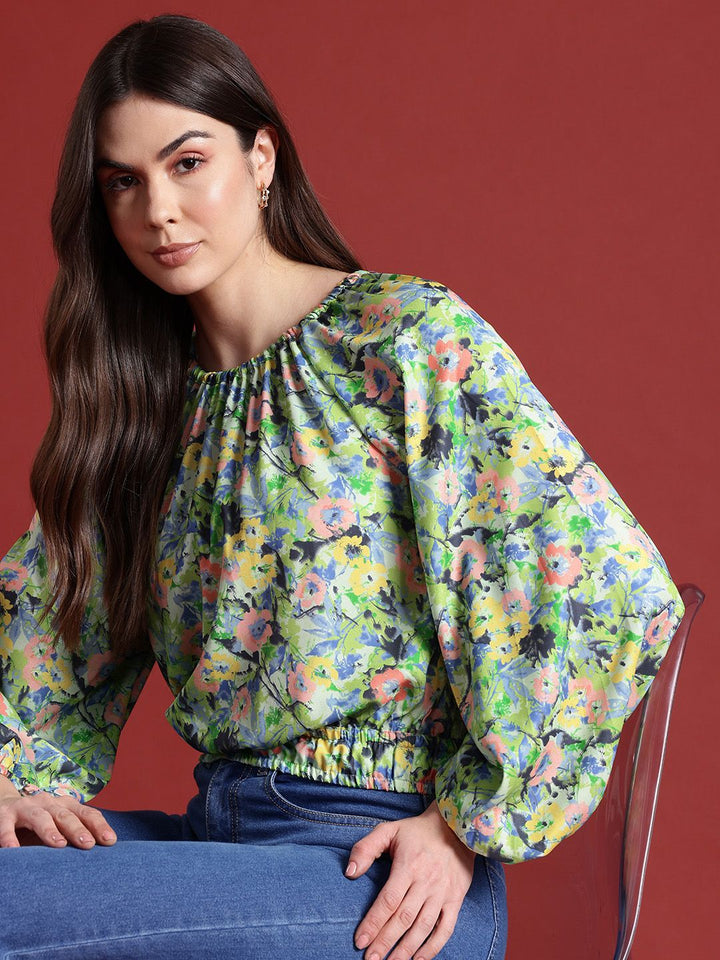 all about you Floral Print Cinched Waist Raglan Puffed Sleeves Top
