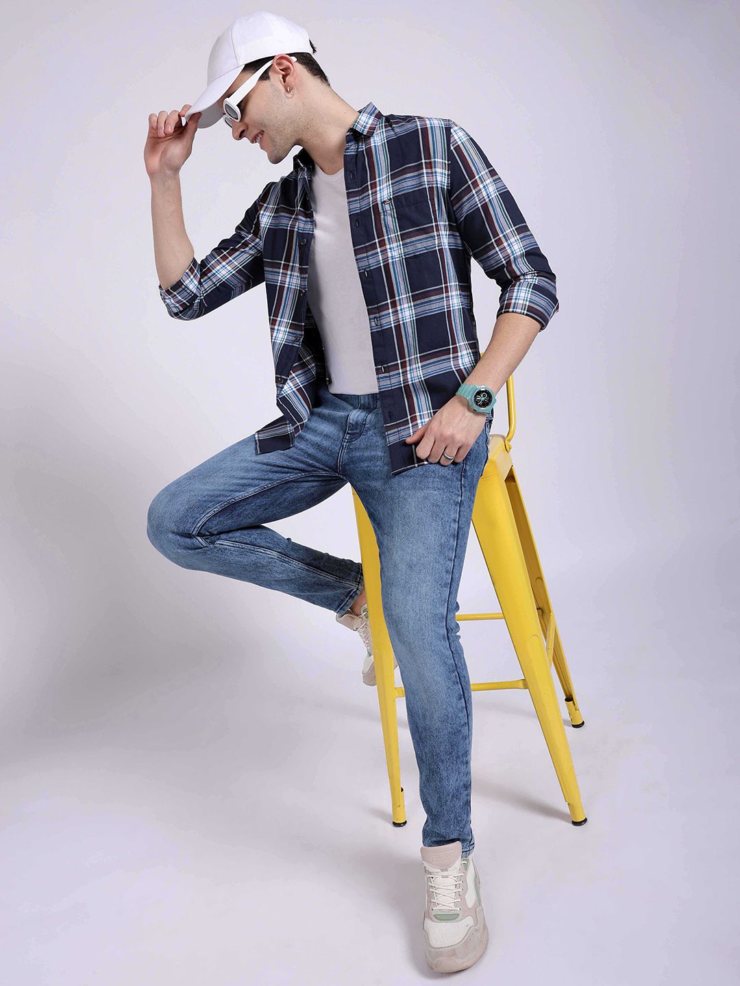 The Indian Garage Co Spread Collar Slim Fit Checked Twill Casual Pure Cotton Shirt