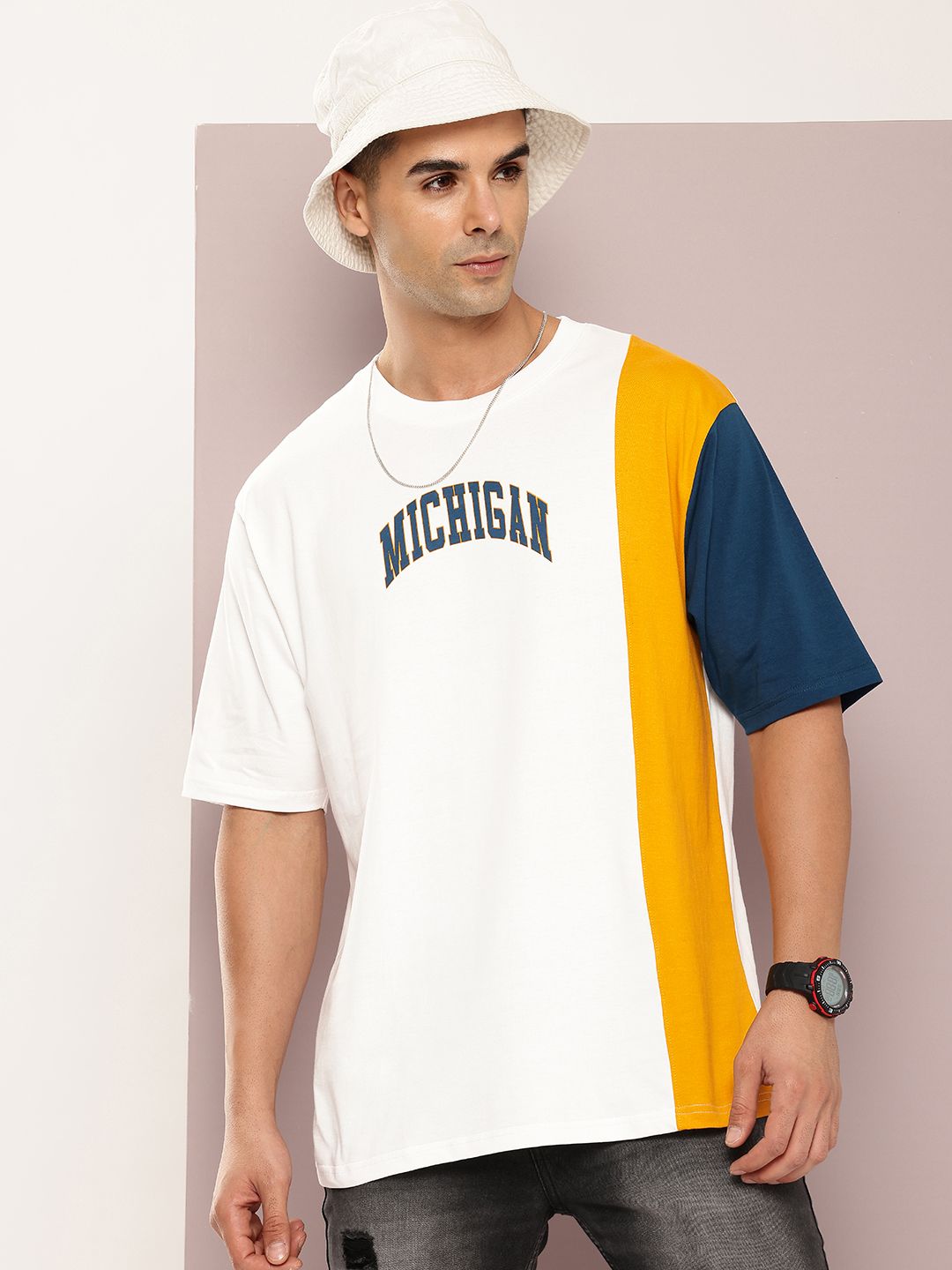 DILLINGER Men Typography Colourblocked Drop-Shoulder Sleeves Oversized Pure Cotton T-shirt