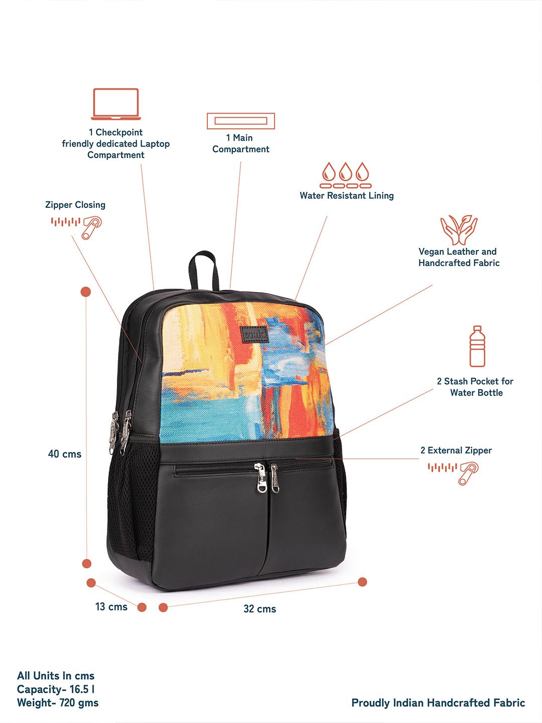 ZOUK Women Abstract Printed Vegan Leather Backpack With Compression Straps-Up to 16 inch