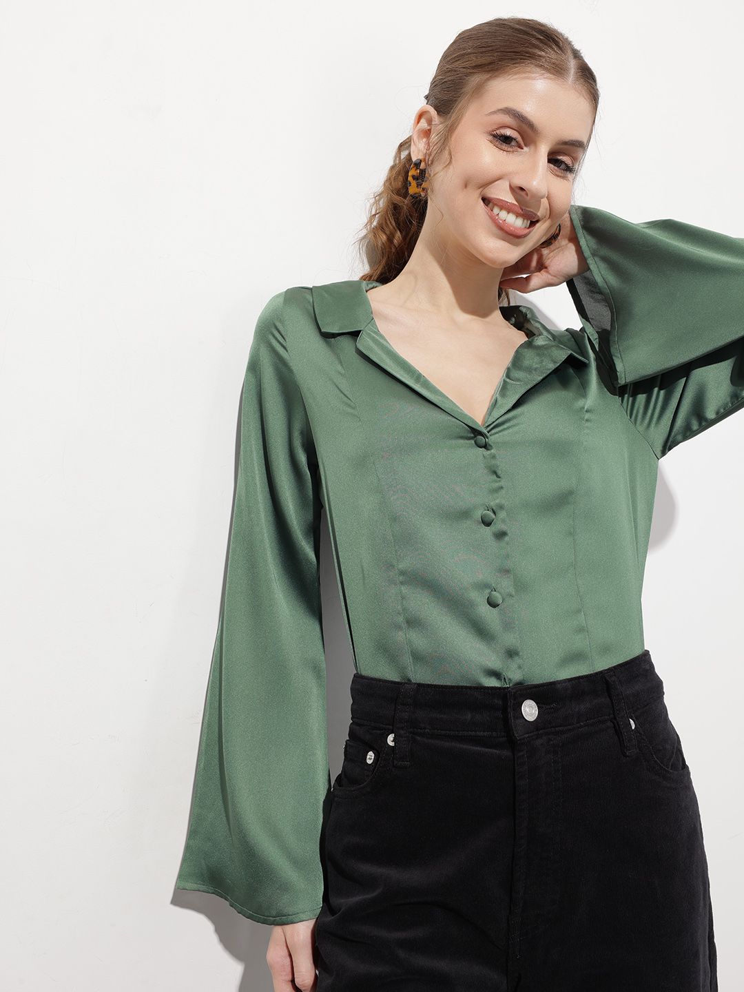 DressBerry Satin Attitude Lapel Collar Flared Sleeves Drama Shirt