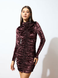 SASSAFRAS Brown High Neck Gathered Detail Velvet Bodycon Dress