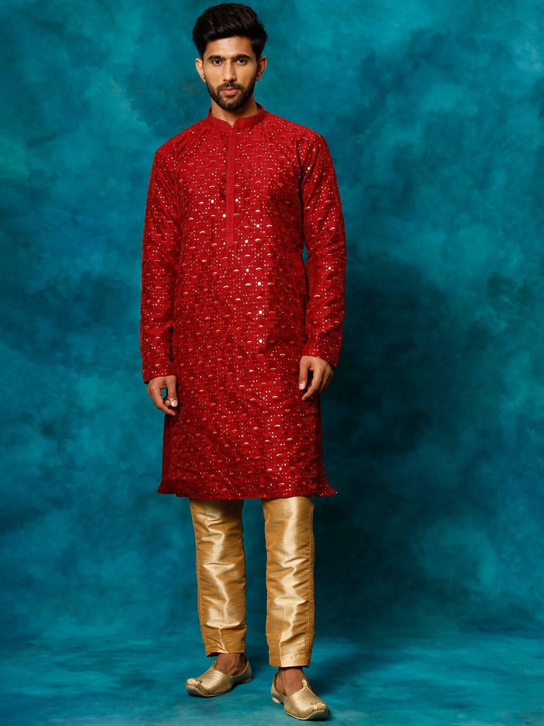 VASTRAMAY Embellished Mirror Work Mandarin Collar Straight Kurta