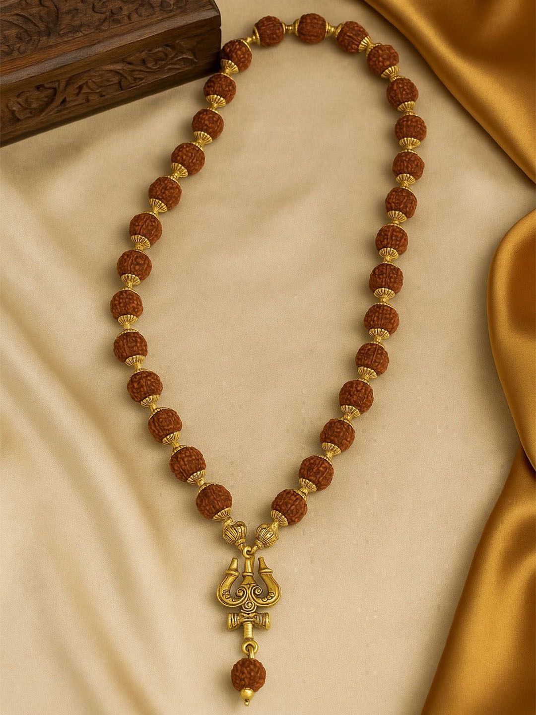 PANASH Men Gold-Plated Rudraksh Beaded Trishul Pendant Link Statement Necklace
