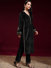 Vishudh Women Embroidered Velvet Straight Kurta with Slim Palazzo and Dupatta