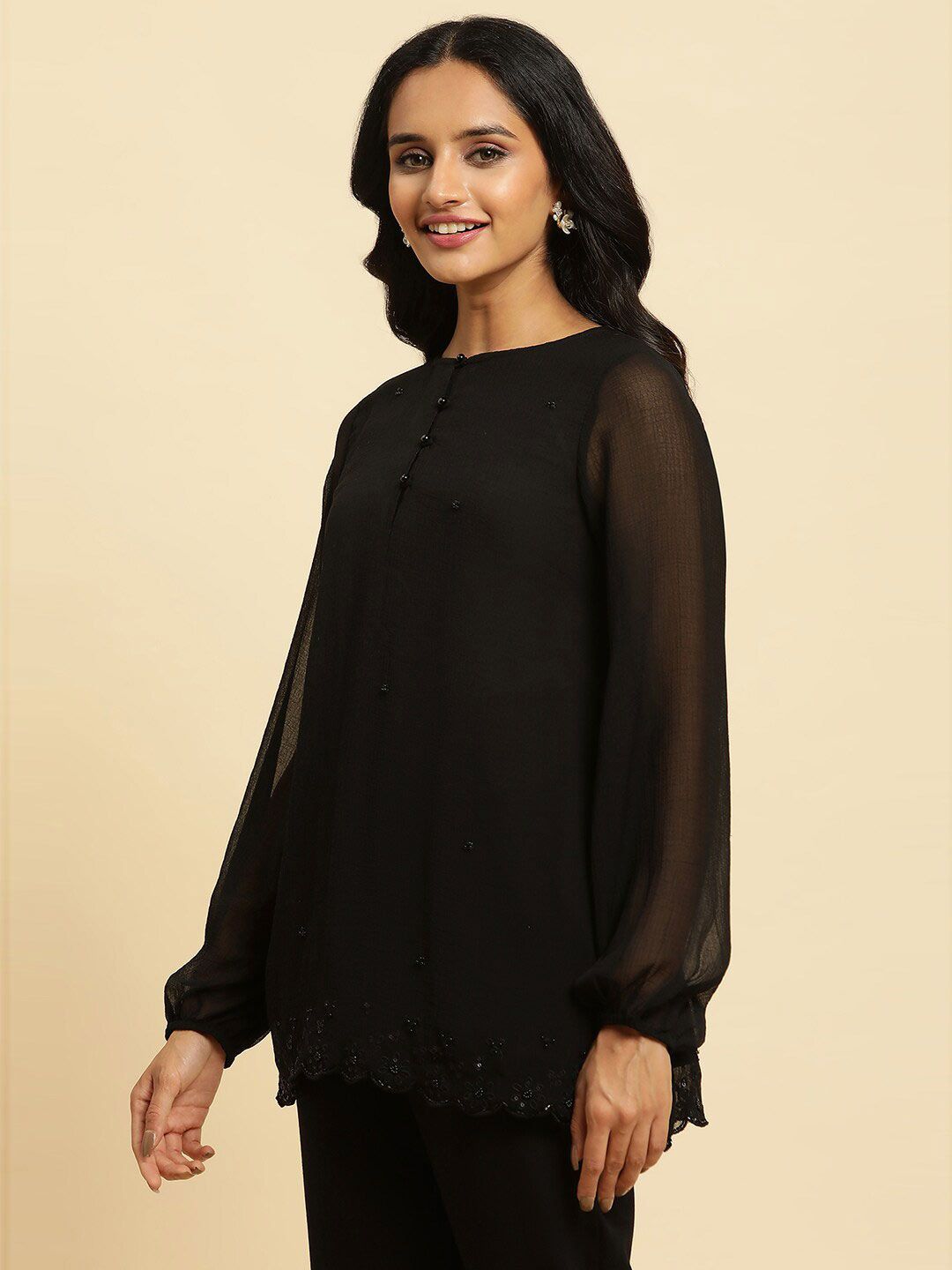 W Black Floral Embroidered Sequinned Longline Top