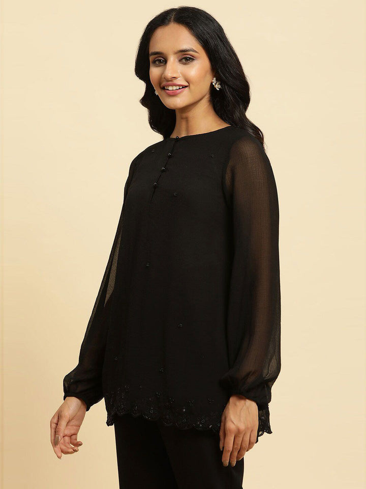 W Black Floral Embroidered Sequinned Longline Top