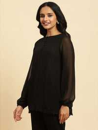 W Black Floral Embroidered Sequinned Longline Top