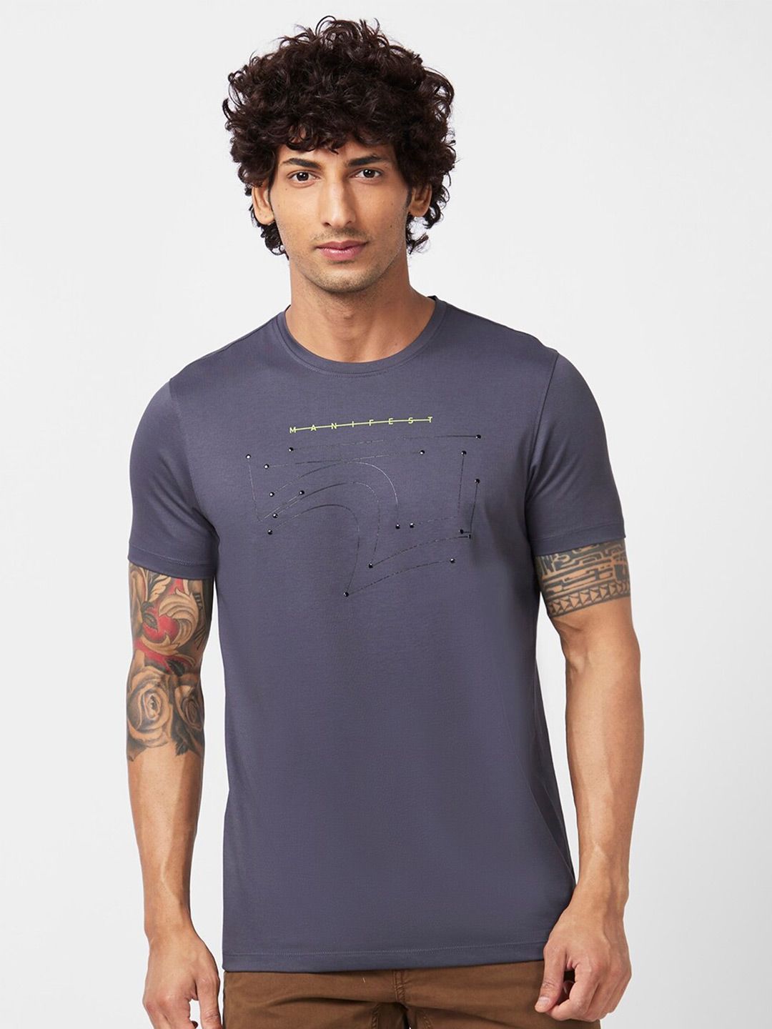 SPYKAR Round Neck Cotton Embellished Slim Fit T-shirt