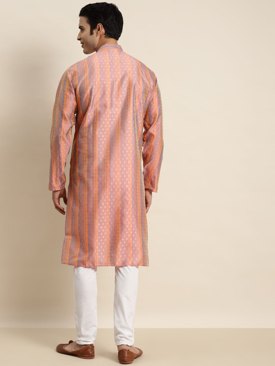SOJANYA Men Peach-Coloured & Mauve Ethnic Motifs Printed Jacquard Kurta
