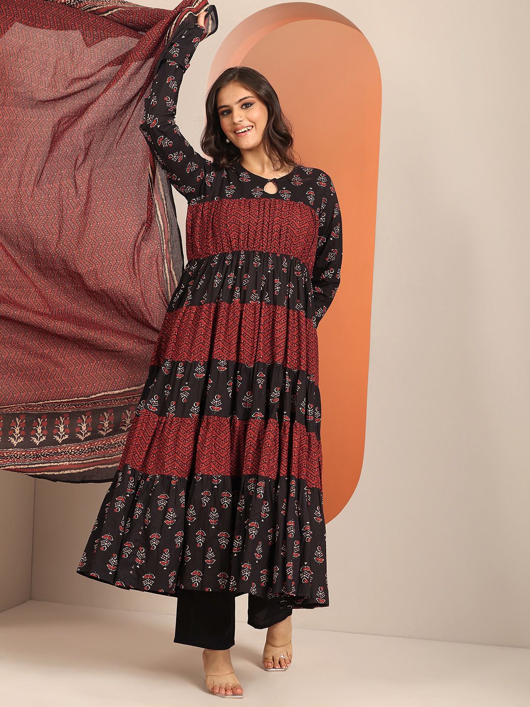 Libas Womens Black Printed Cotton Anarkali Kurta With Churidar & Dupatta