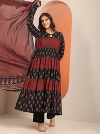 Libas Womens Black Printed Cotton Anarkali Kurta With Churidar & Dupatta