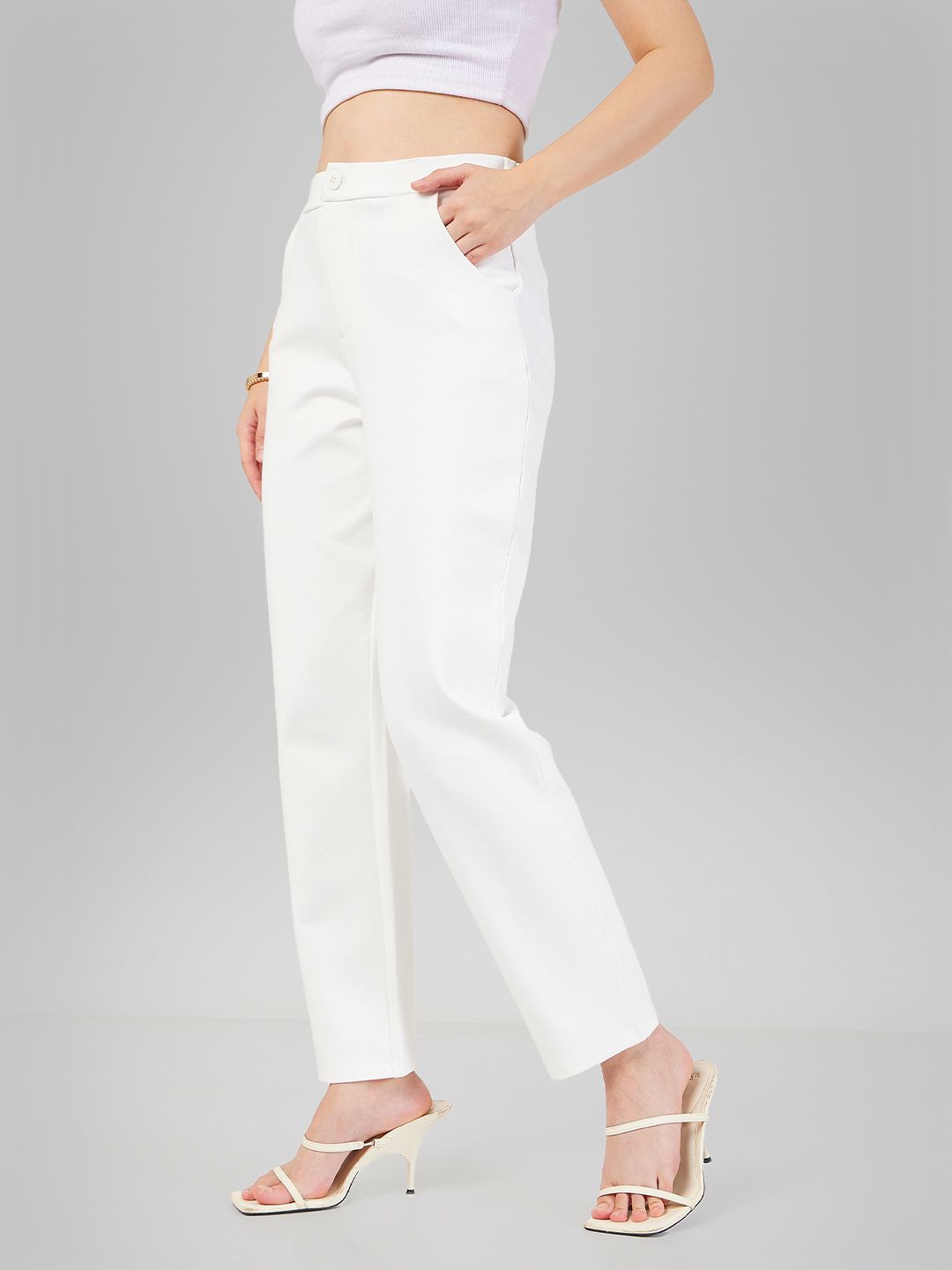 SASSAFRAS Women White Slim Fit Mid Rise Cigarette Trousers