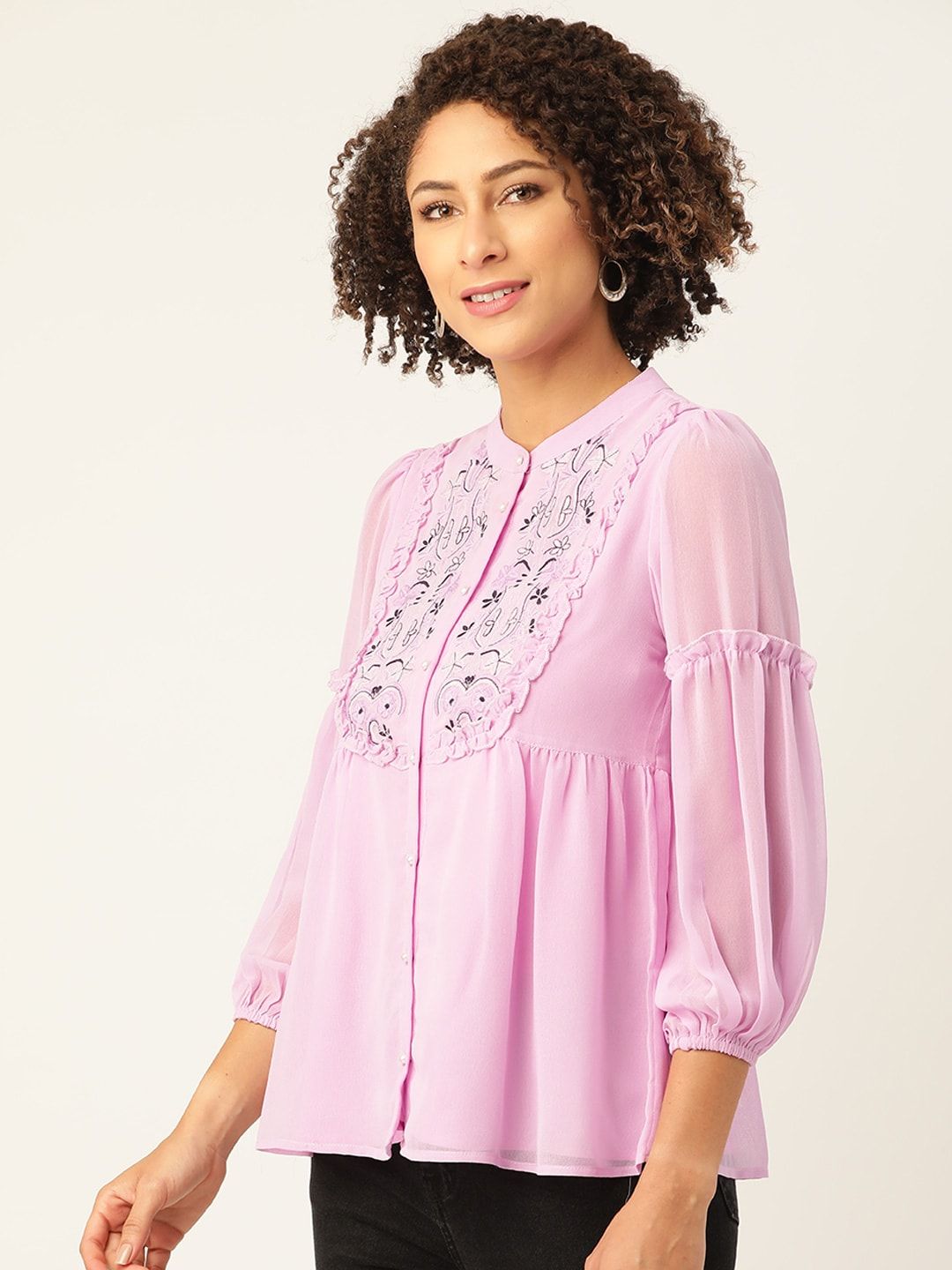 Antheaa Lavender Embroidered Mandarin Collar Puff Sleeves A-Line Top