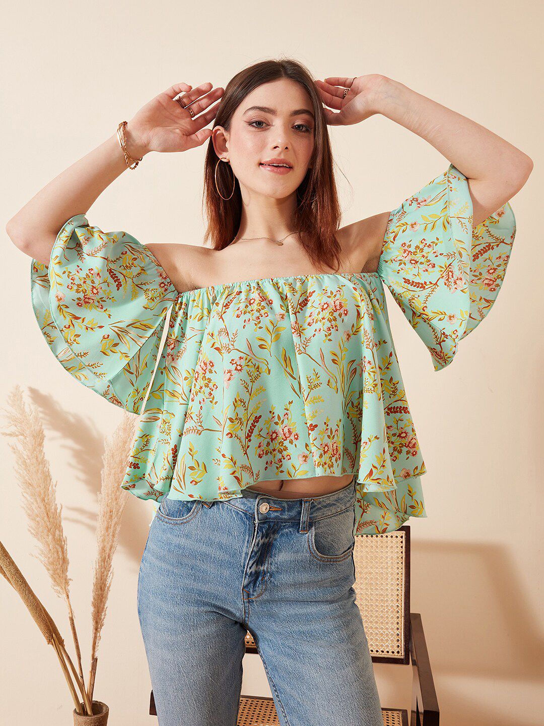 Berrylush Green Floral Printed Off-Shoulder Bardot Crop Top
