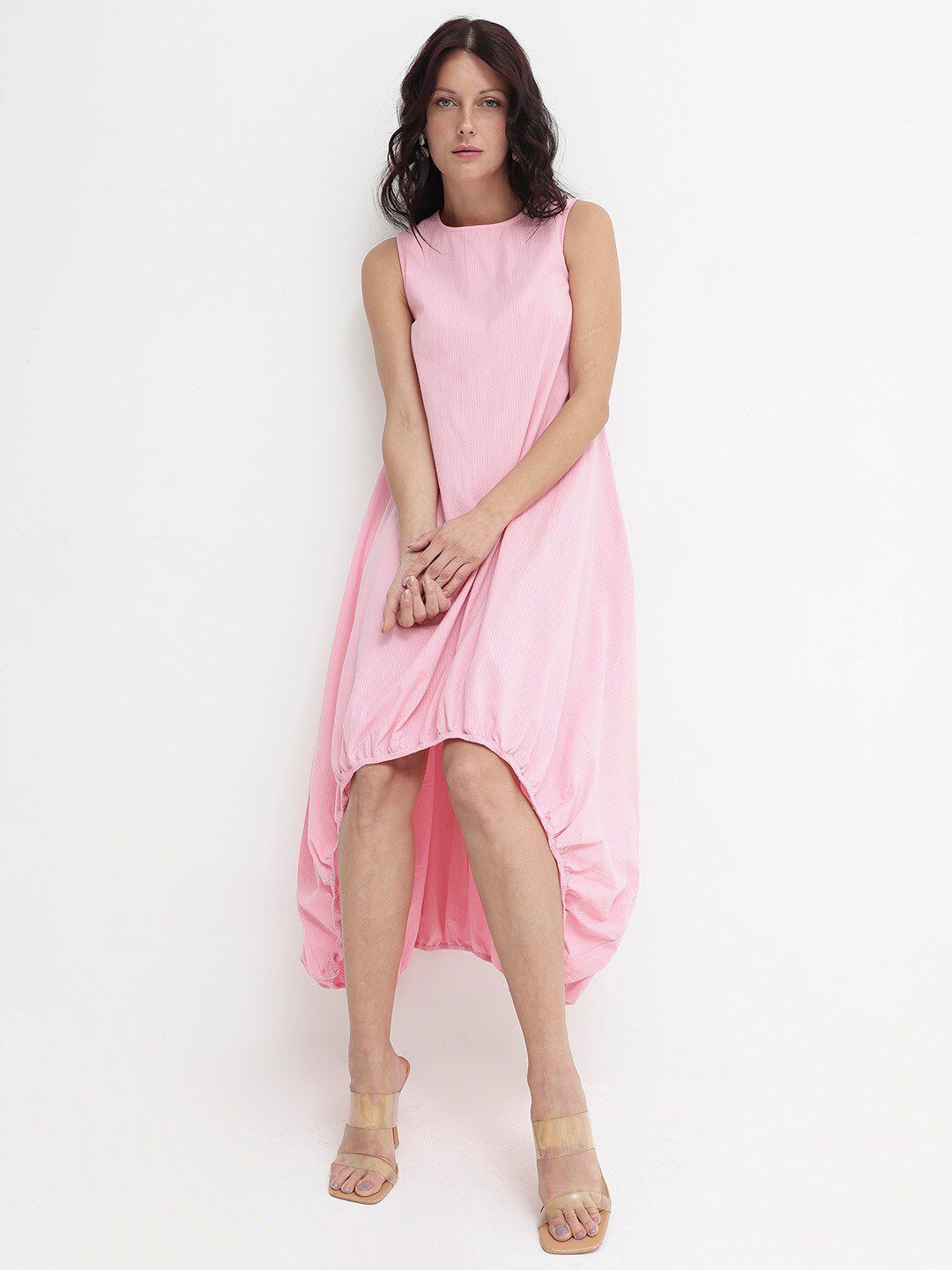 Rareism Wanita Putaran Maxi Kapas Pink Leher Pink