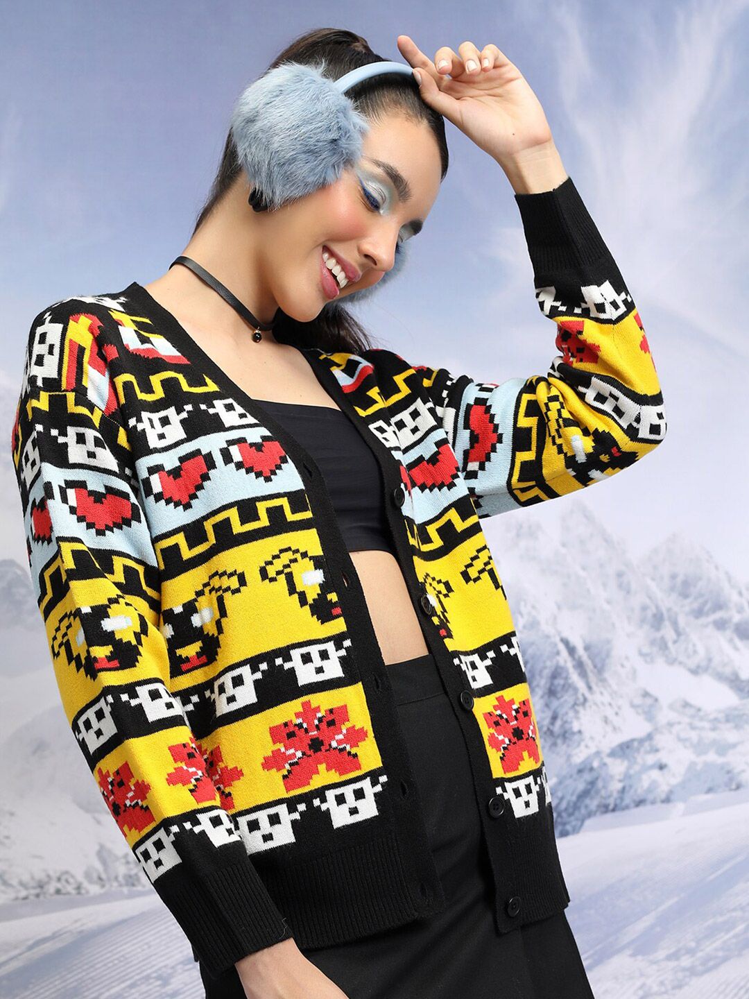 Tokyo Talkies Black Graphic Printed V-Neck Long Sleeves Acrylic Cardigan Sweater