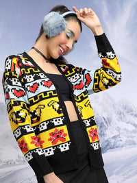 Tokyo Talkies Black Graphic Printed V-Neck Long Sleeves Acrylic Cardigan Sweater