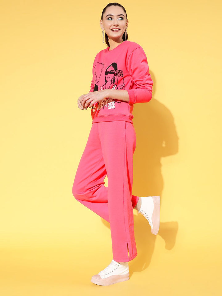 SASSAFRAS Women Pink & Black Printed Sweatshirts and Trousers
