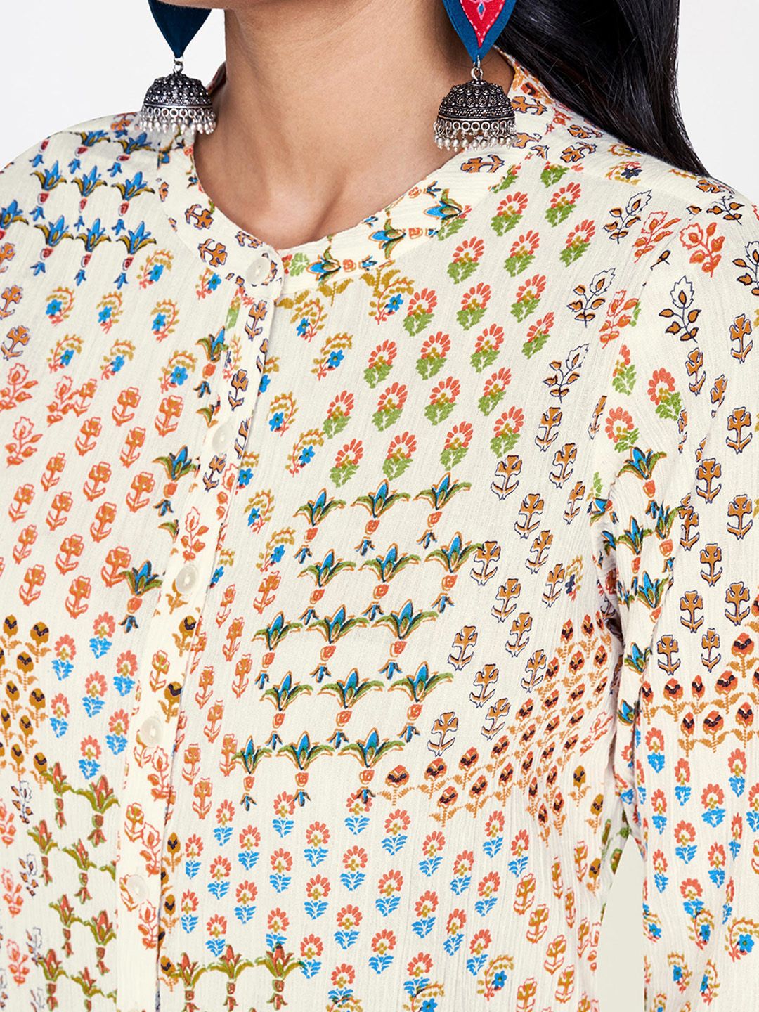 Global Desi Women Off-White & Orange Printed A-Line Kurta