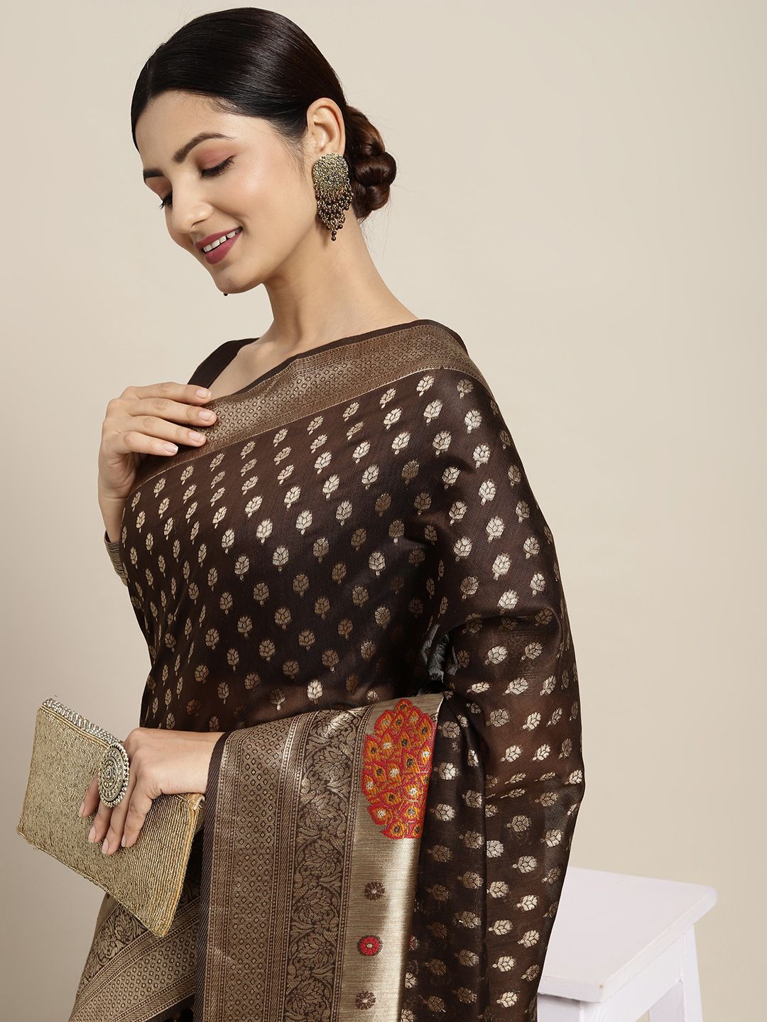 Saree mall Brown & Golden Cotton Silk Woven Design Banarasi Saree