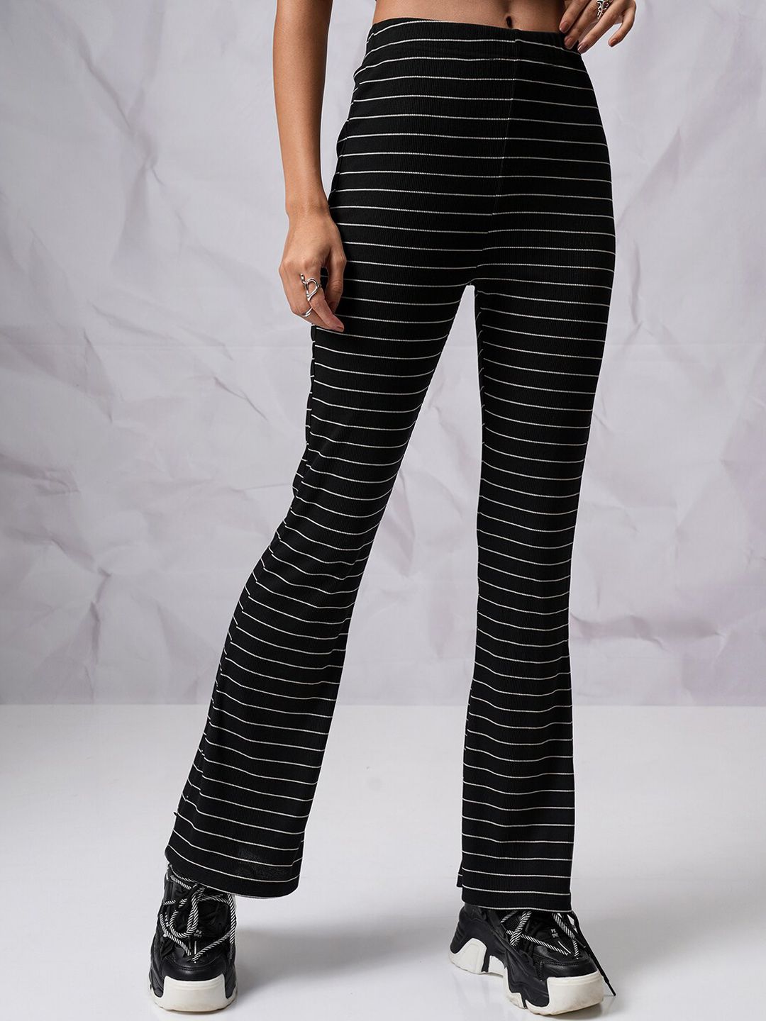 Tokyo Talkies Women Black & White Striped Flared High Rise Bootcut Trousers