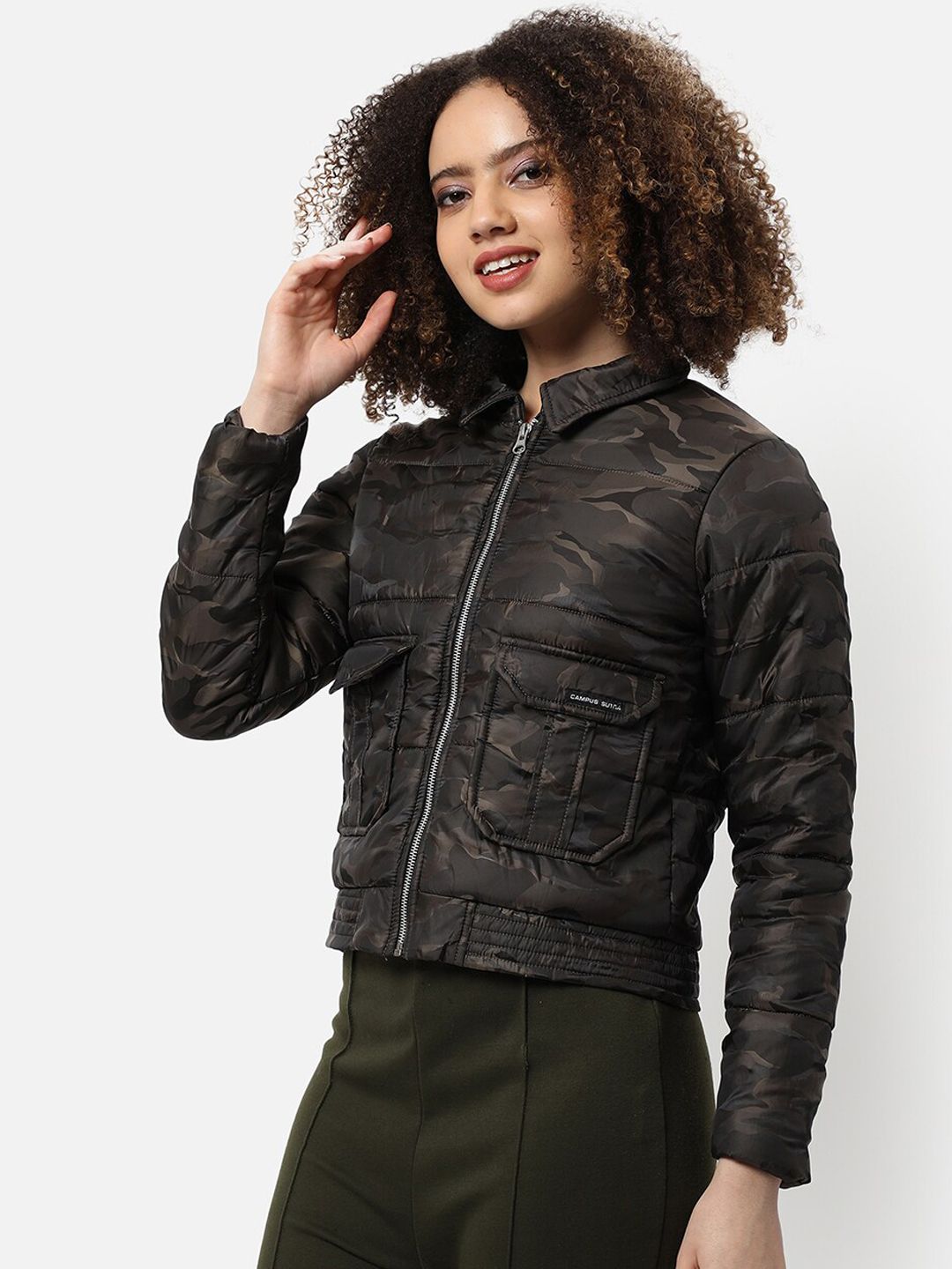 Kampus sutra wanita coklat penyamaran windcheater luaran jaket empuk