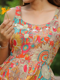 Rain & Rainbow Shoulder Strapped Floral Printed Fit and Flared Pure Cotton Midi Dress