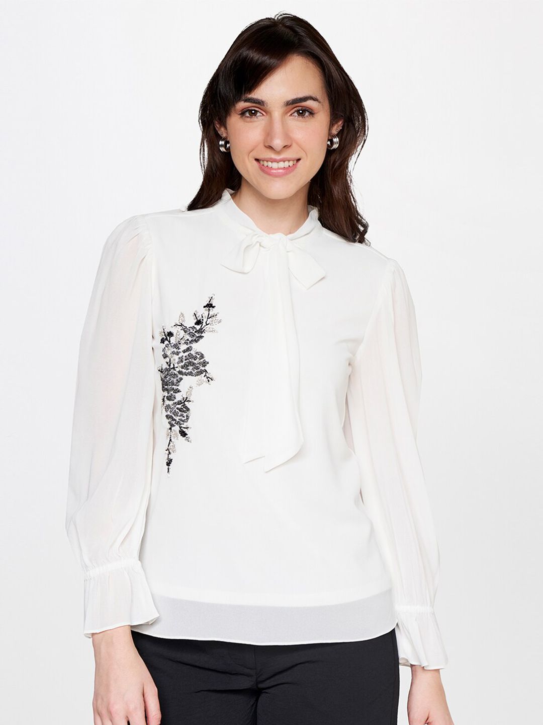 AND Embellished Tie-Up Neck Puff Sleeves Top