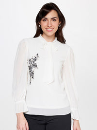 AND Embellished Tie-Up Neck Puff Sleeves Top