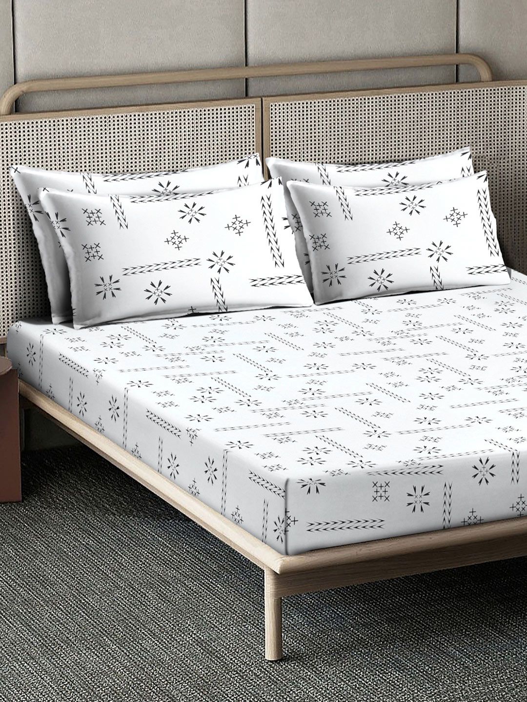 KLOTTHE White Printed Flat 400TC Kapas Tulen Cadar Super King & 4 Sarung Bantal
