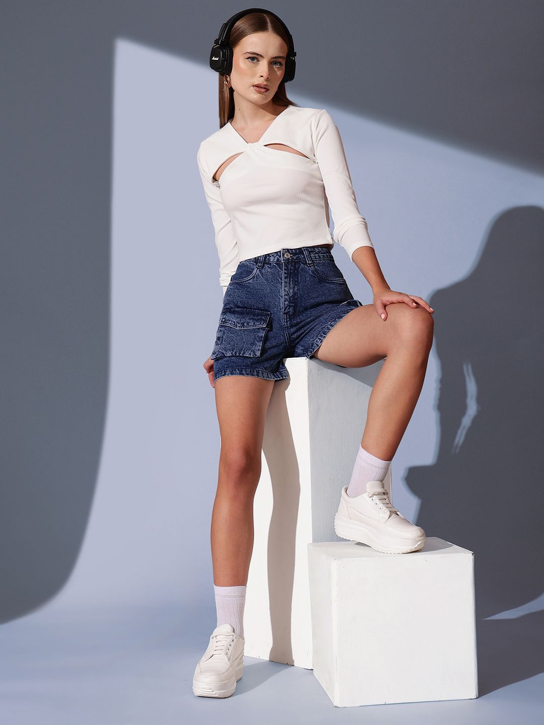 STREET 9 V-Neck Cut Outs Ribbed Styled Back Crop Top