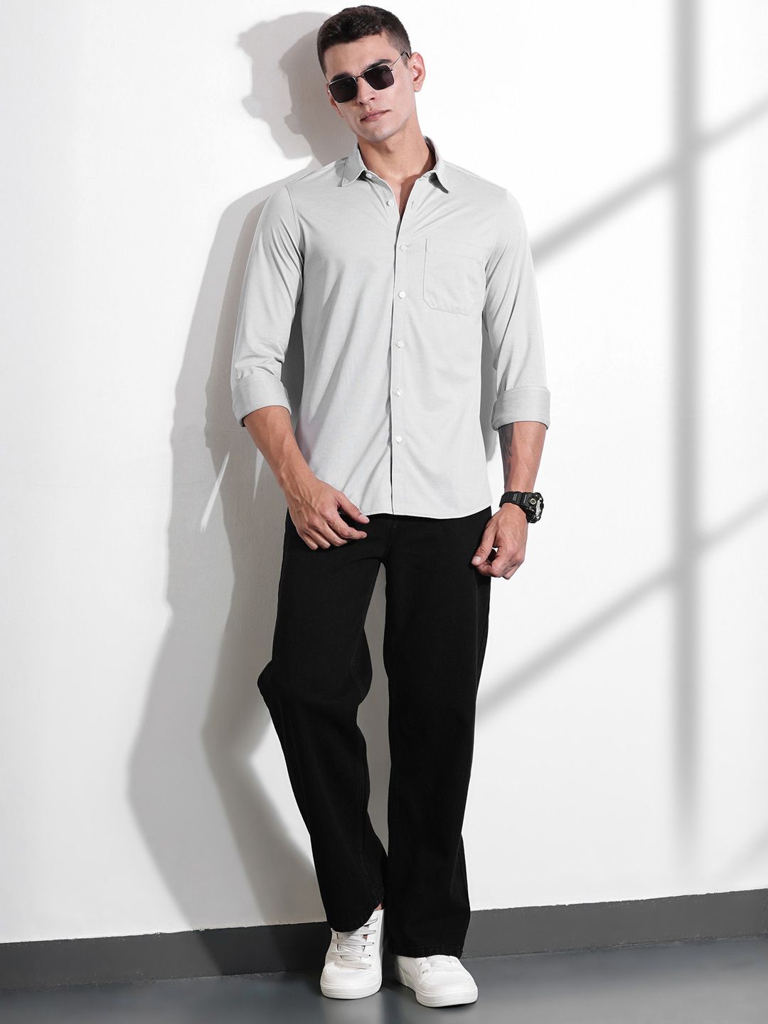 Thomas Scott Men Classic Slim Fit Spread Collar Solid Cotton Knitted Shirt